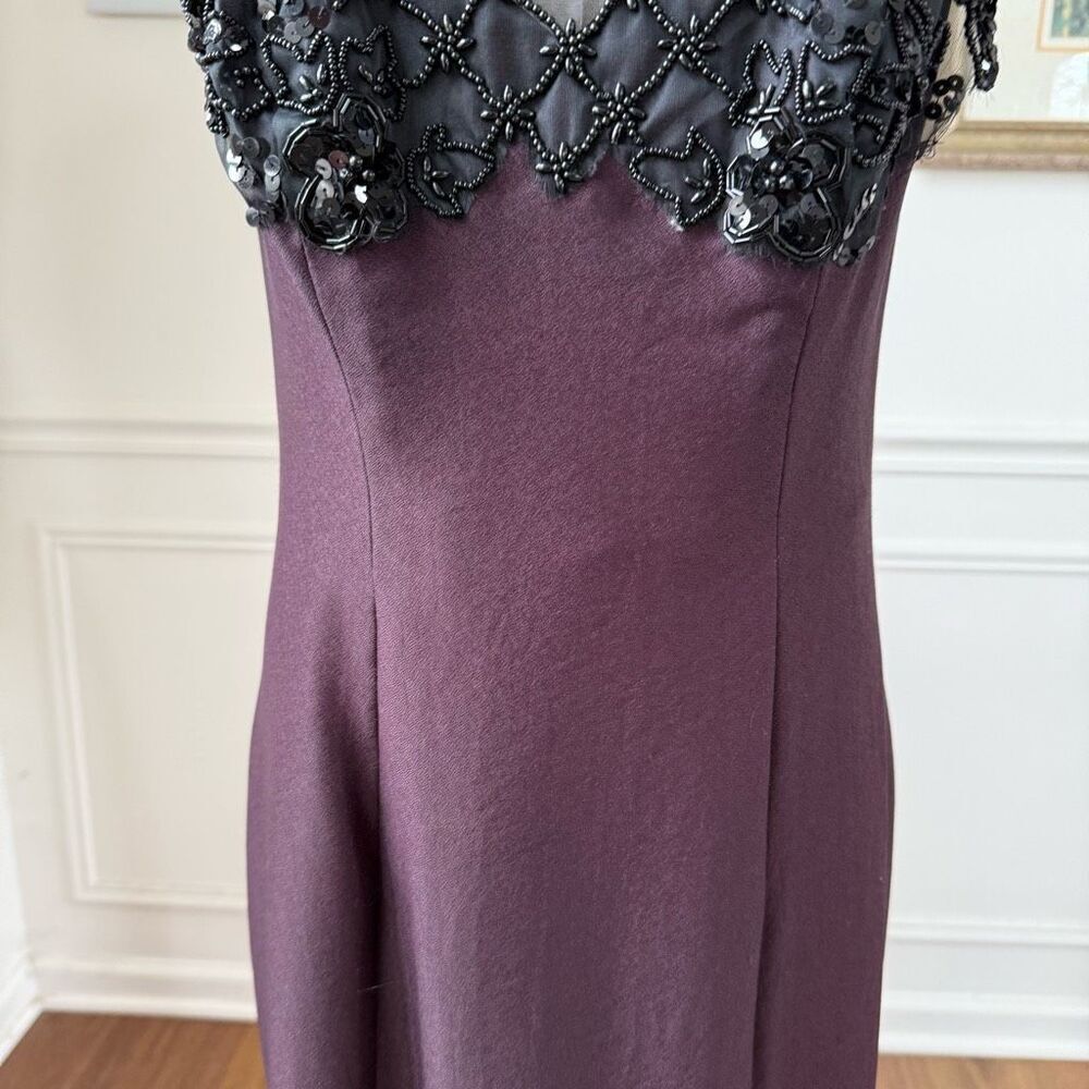 Vintage 80s 90s Purple Black Mesh Beaded Illusion Bodice Formal Gown M - Picture 3 of 9